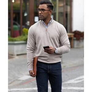 NWT Collars & Co Mens Cashmere Touch Merino Wool 1/4 Zip Sweater S Oatmeal